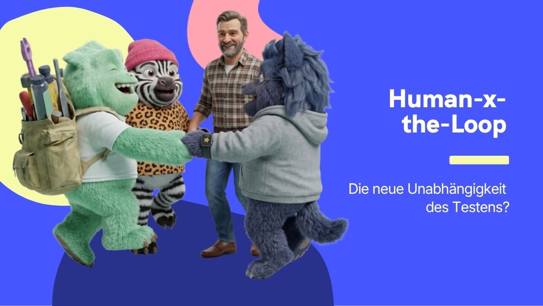 Ein Mann und drei anthropomorphe Tiere, die sich an den Händen halten und tanzen, mit dem Text 